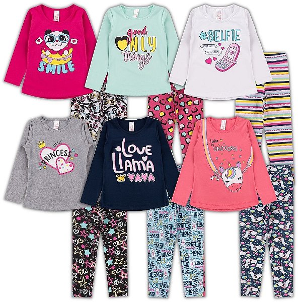 KIT 6 CONJUNTOS CALÇA LEGGING MENINA INVERNO (ESTAMPAS SORTIDAS)