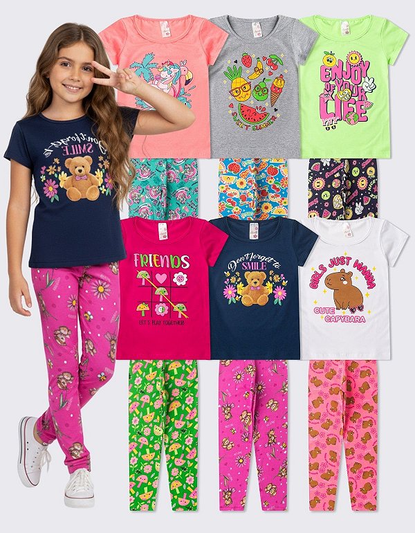KIT 6 CONJUNTOS CALÇA LEGGING MENINA VERÃO (ESTAMPAS SORTIDAS)