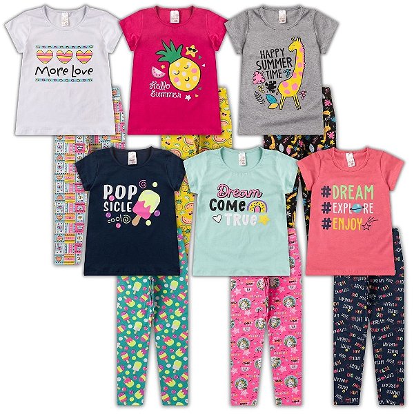 KIT 6 CONJUNTOS CALÇA LEGGING MENINA VERÃO (ESTAMPAS SORTIDAS)