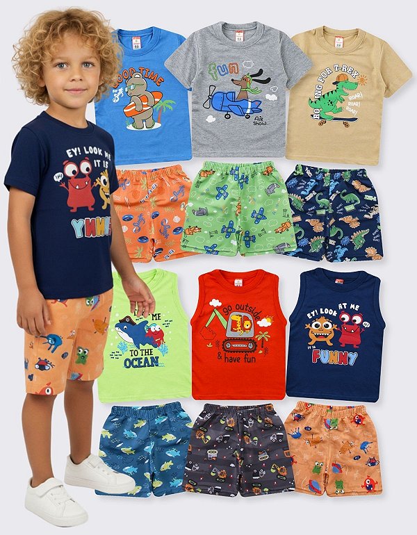KIT 6 CONJUNTOS INFANTIL TACTEL MENINO VERÃO (ESTAMPAS SORTIDAS)