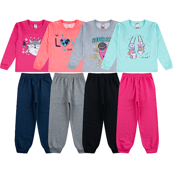 KIT 4 CONJUNTO MOLETOM INFANTIL GOLA CARECA MENINA INVERNO (ESTAMPAS SORTIDAS)