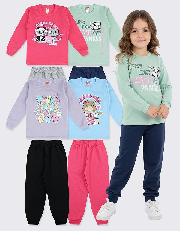 KIT 4 CONJUNTO MOLETOM INFANTIL GOLA CARECA MENINA INVERNO (ESTAMPAS SORTIDAS)