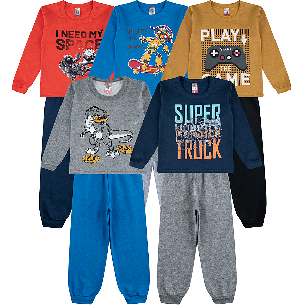 KIT 5 CONJUNTO MOLETOM INFANTIL MENINO GOLA CARECA INVERNO (ESTAMPAS SORTIDAS)