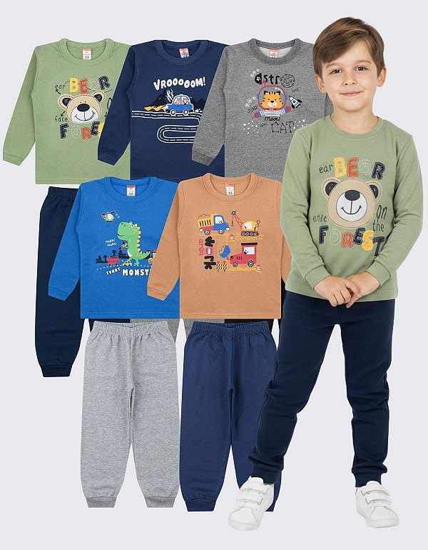 KIT 5 CONJUNTO MOLETOM INFANTIL MENINO GOLA CARECA INVERNO (ESTAMPAS SORTIDAS)