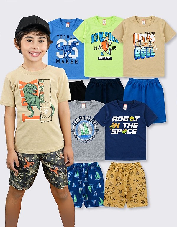 KIT 5 CONJUNTO MENINO ROUPA INFANTIL SHORTS MOLETOM (ESTAMPAS SORTIDAS)