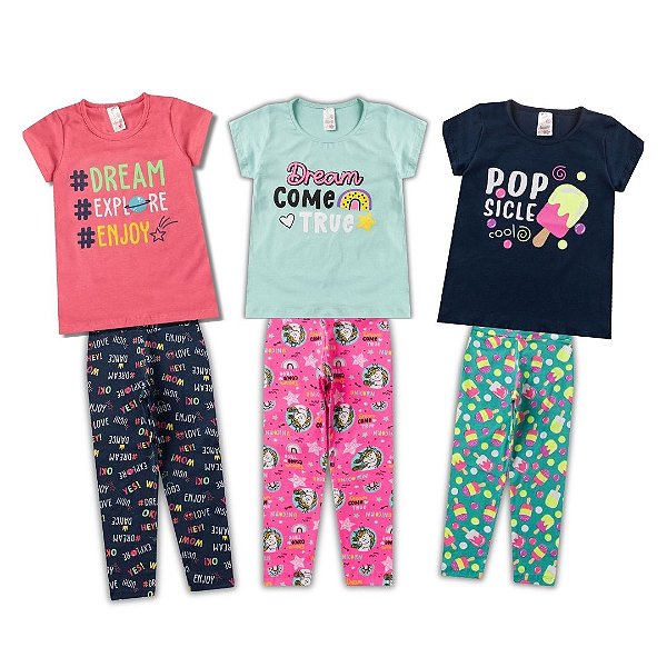 KIT 3 CONJUNTOS MENINA CALÇA LEGGING ROUPA INFANTIL (ESTAMPAS SORTIDAS)