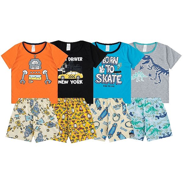 KIT 4 PIJAMAS MENINO ROUPA INFANTIL VERÃO (ESTAMPAS SORTIDAS)