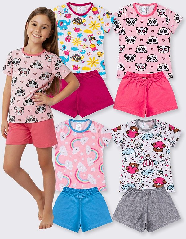 KIT 4 PIJAMAS MENINA ROUPA INFANTIL VERÃO (ESTAMPAS SORTIDAS)