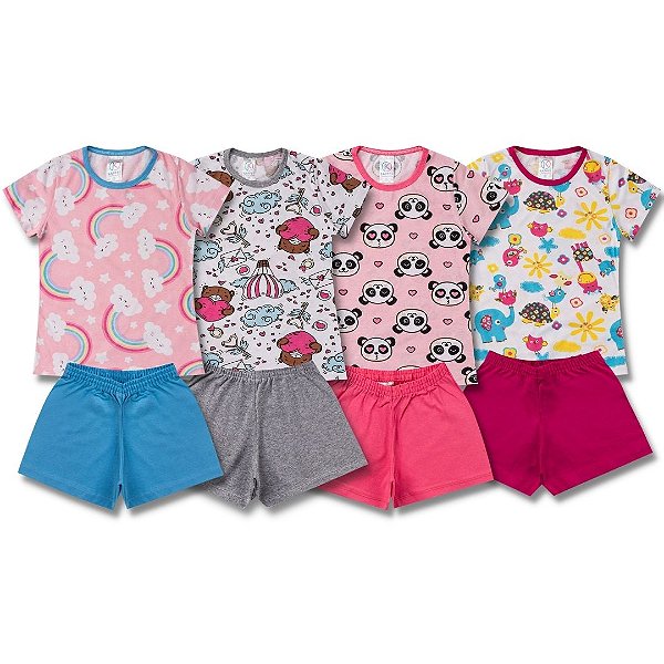 KIT 4 PIJAMAS MENINA ROUPA INFANTIL VERÃO (ESTAMPAS SORTIDAS)