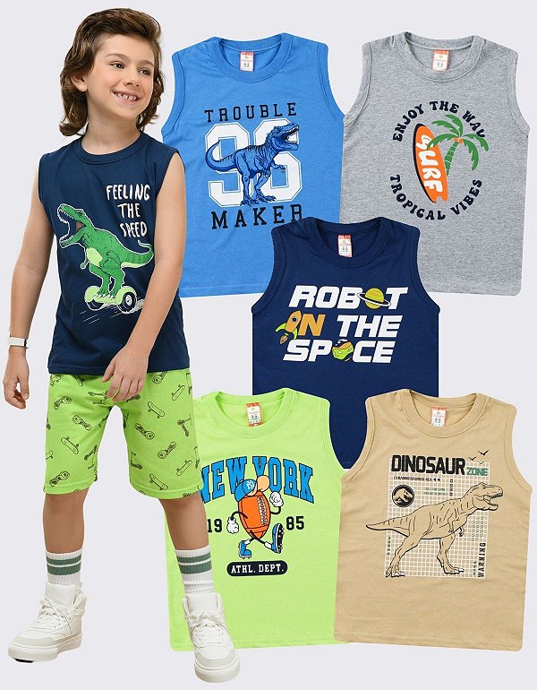 KIT 5 CAMISETAS REGATA INFANTIL MENINO VERÃO (ESTAMPAS SORTIDAS)