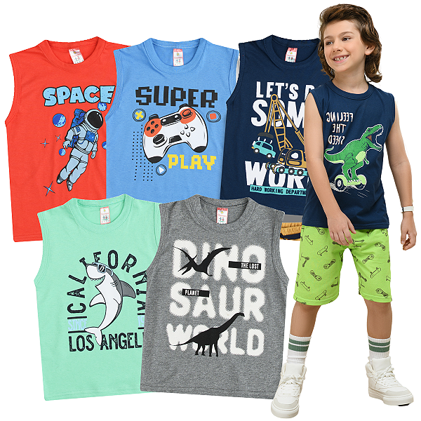 KIT 5 CAMISETAS REGATA INFANTIL MENINO VERÃO (ESTAMPAS SORTIDAS)