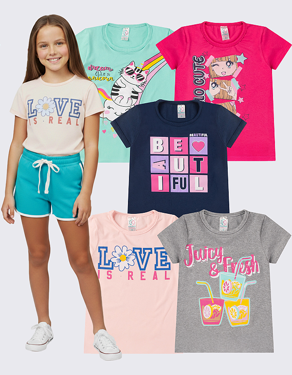 KIT 5 CAMISETAS MANGA CURTA JUVENIL MENINA VERÃO (ESTAMPAS SORTIDAS)