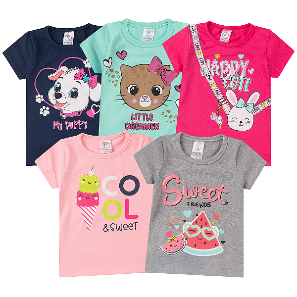 Kit 5 CAMISETAS MENINA MANGA CURTA INFANTIL (ESTAMPAS SORTIDAS)