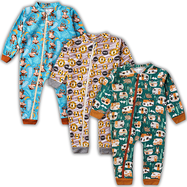 KIT 3 MACACÃO ROUPA DE BEBÊ MENINO COM ZIPER ALGODÃO (ESTAMPAS SORTIDAS)