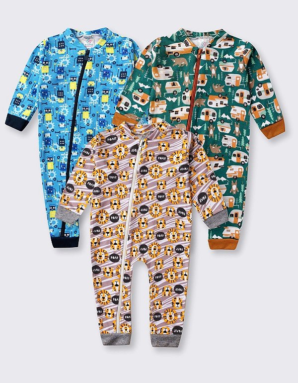 KIT 3 MACACÃO ROUPA DE BEBÊ MENINO COM ZIPER ALGODÃO (ESTAMPAS SORTIDAS)