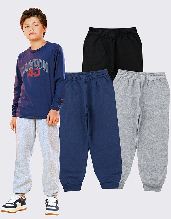KIT 3 CALÇA MOLETOM INFANTIL JUVENIL FLANELADO (ESTAMPAS SORTIDAS)