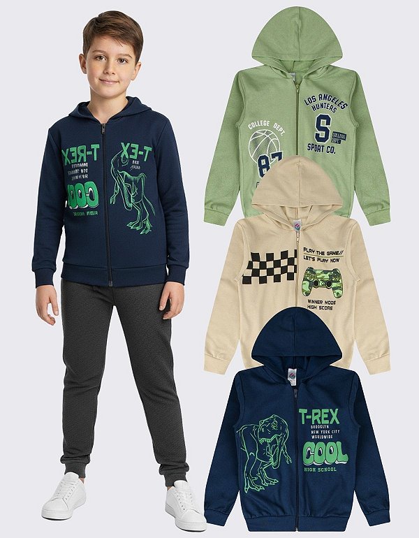 KIT 3 JAQUETA MOLETOM INFANTIL JUVENIL MENINO ZIPER (ESTAMPAS SORTIDAS)