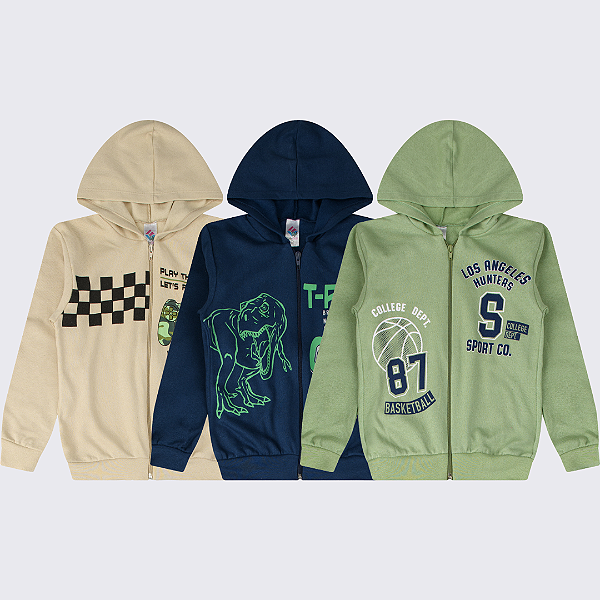 KIT 3 JAQUETA MOLETOM INFANTIL JUVENIL MENINO ZIPER (ESTAMPAS SORTIDAS)