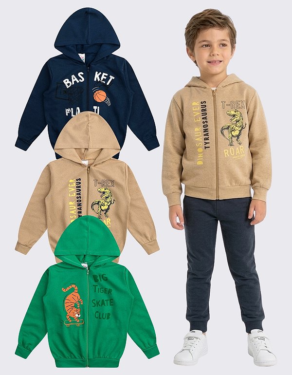 KIT 3 JAQUETA MOLETOM INFANTIL JUVENIL MENINO ZIPER (ESTAMPAS SORTIDAS)