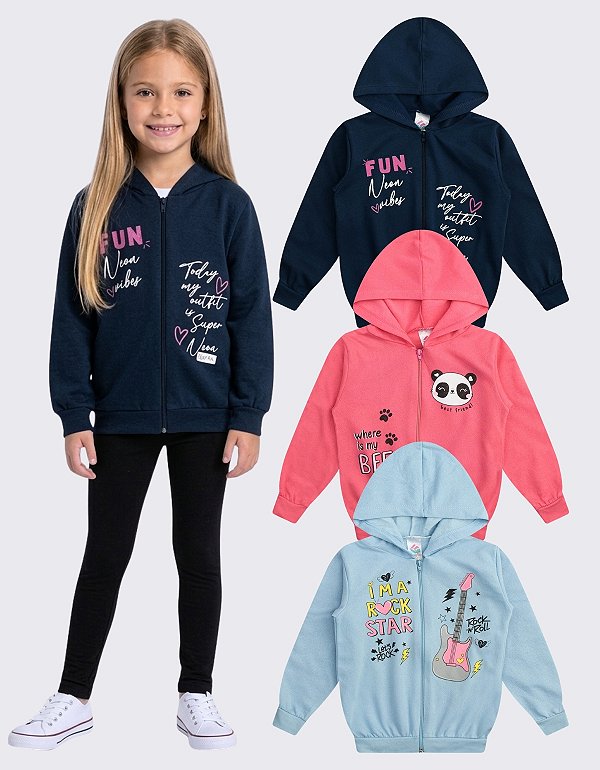 KIT 3 JAQUETA MOLETOM INFANTIL JUVENIL MENINA ZIPER (ESTAMPAS SORTIDAS)