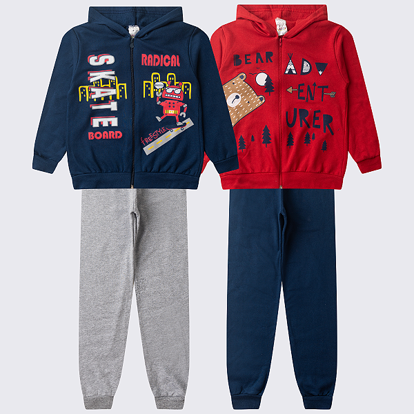 KIT 2 CONJUNTO MOLETOM MENINO ZÍPER (ESTAMPAS SORTIDAS)