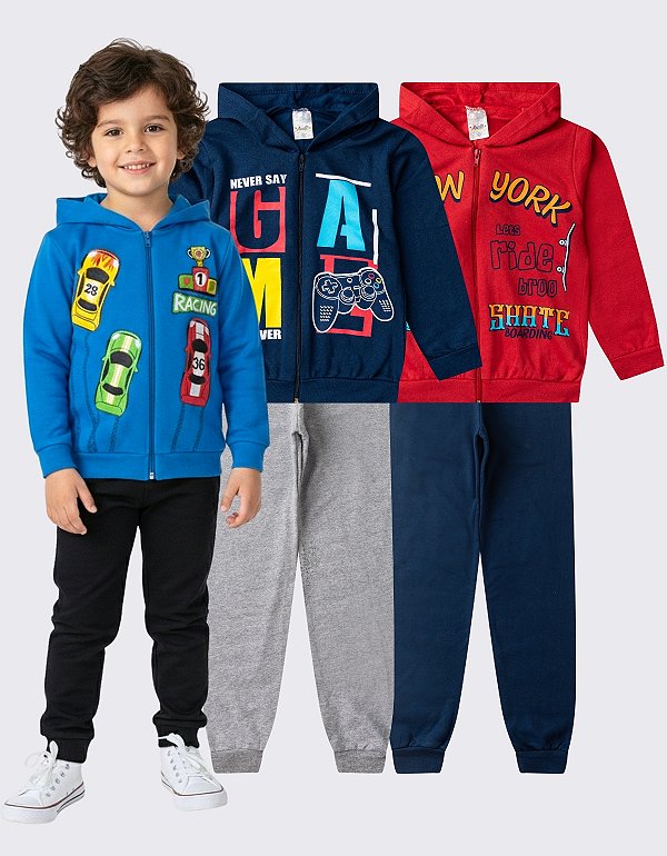 KIT 2 CONJUNTO MOLETOM MENINO ZÍPER (ESTAMPAS SORTIDAS)