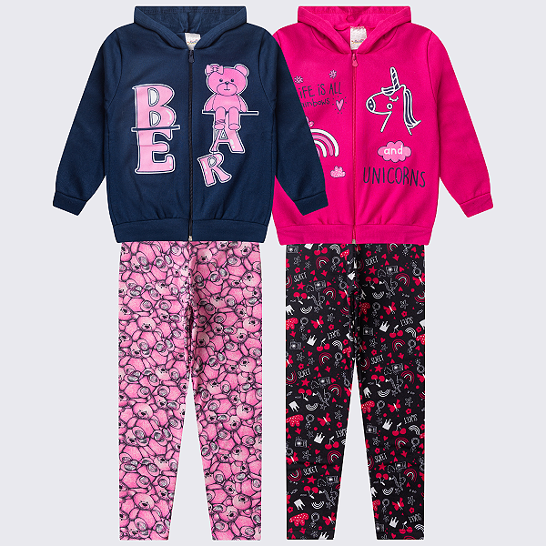 KIT 2 CONJUNTO MOLETOM MENINA ZÍPER (ESTAMPAS SORTIDAS)