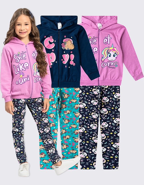 KIT 2 CONJUNTO MOLETOM MENINA ZÍPER (ESTAMPAS SORTIDAS)