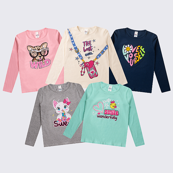 KIT 5 CAMISETAS MANGA LONGA INFANTIL MENINA INVERNO ATACADO (ESTAMPAS SORTIDAS)