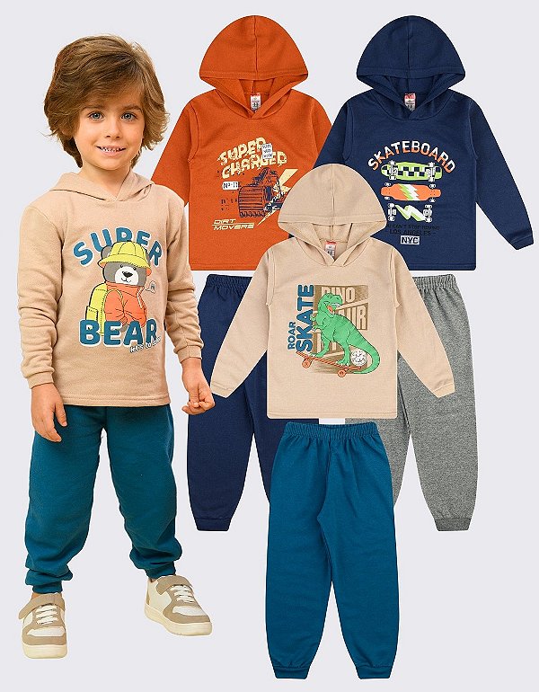 KIT 3 CONJUNTOS MOLETOM CAPUZ ROUPA INFANTIL MENINO (ESTAMPAS SORTIDAS)