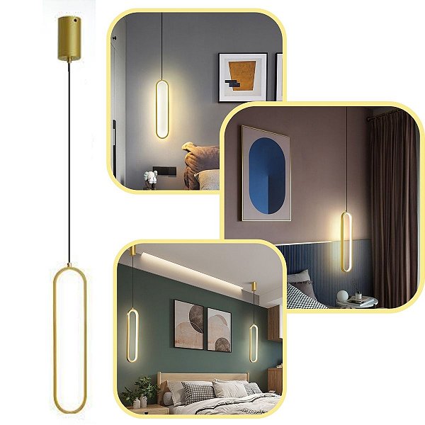 Luminaria Pendente Oval Amarelo Dourado - Modelo Oval