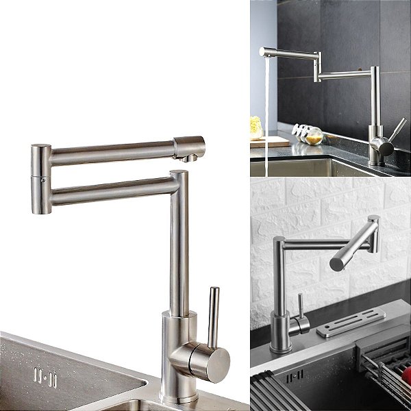 Torneira Bancada Aço Inox Escovado Articulável Cromado Fosco - Modelo Bari