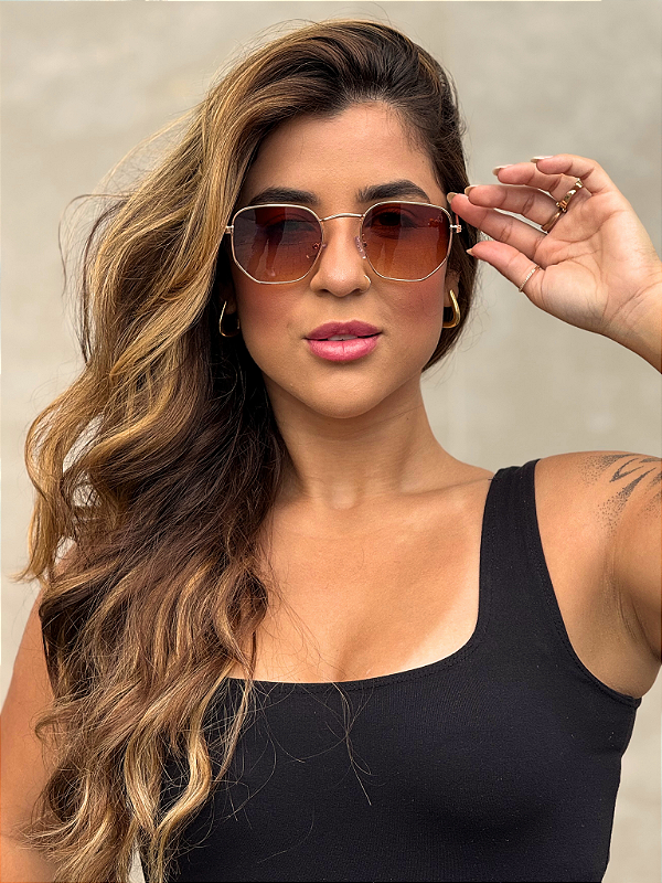 ÓCULOS DE SOL HEXAGONAL MIAMI - MARROM DEGRADÊ C/ ROSE GOLD