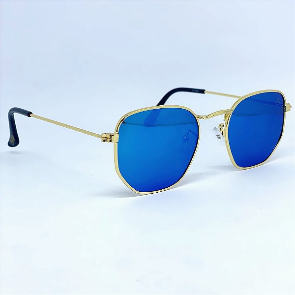 ÓCULOS DE SOL HEXAGONAL MIAMI - AZUL BEBE ESPELHADO C/ DOURADO