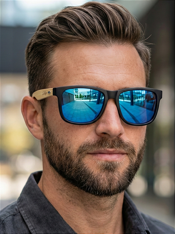 ÓCULOS DE SOL SAN BERNARDINO POLARIZADO - AZUL BEBE ESPELHADO COM BAMBU