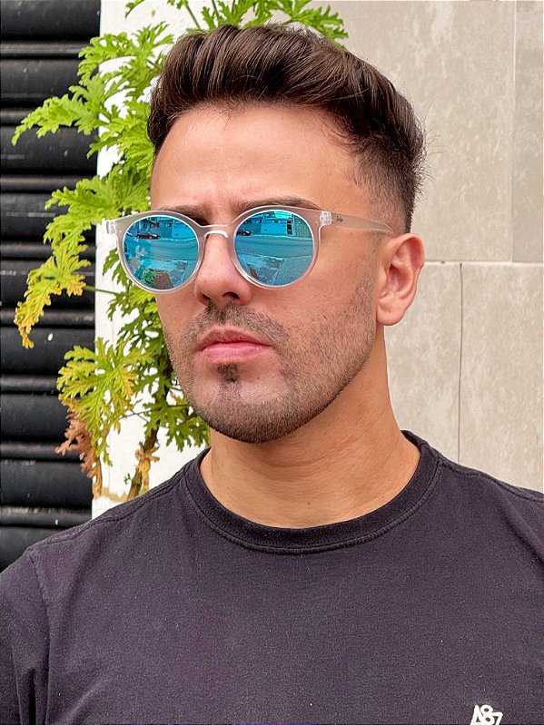 ÓCULOS DE SOL ESPORTIVO JHON POLARIZADO -TRANSPARENTE FOSCO C/ AZUL ESPELHADO