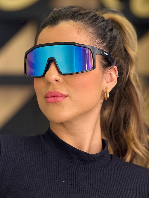 ÓCULOS DE SOL ESPORTIVO MESK - PRETO COM AZUL BEBÊ ESPELHADO