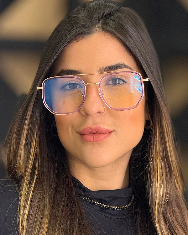 Óculos Hexagonal Stark - Lilas c/ Dourado (Anti Blue)