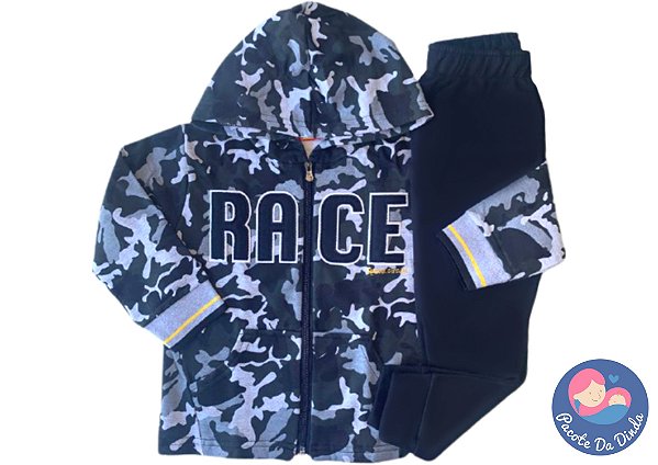 Conjunto Menino Kyly: Casaco Race Camuflado + Calça em Moletom Peluciado