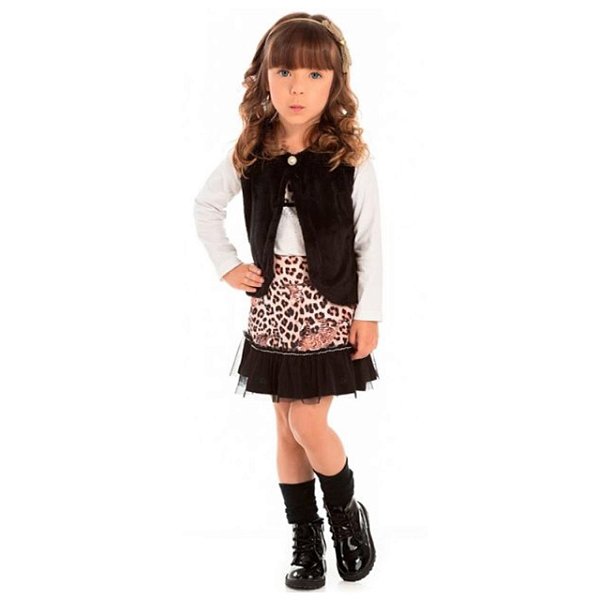 Conjunto Pic Nic: Colete em pelo + Body com estampa + Saia de leopardo e Tulle