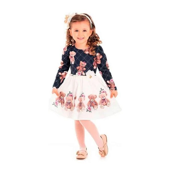 Vestido Pic Nic: Urso, Manga Longa Bufante e Cinto Exclusivo