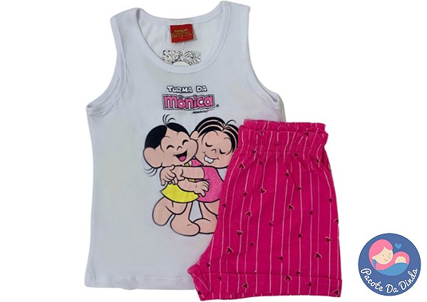 Conjunto Mônica&Magali: Blusa Regata Branca e Short Rosa - Produto Original Turma da Mônica