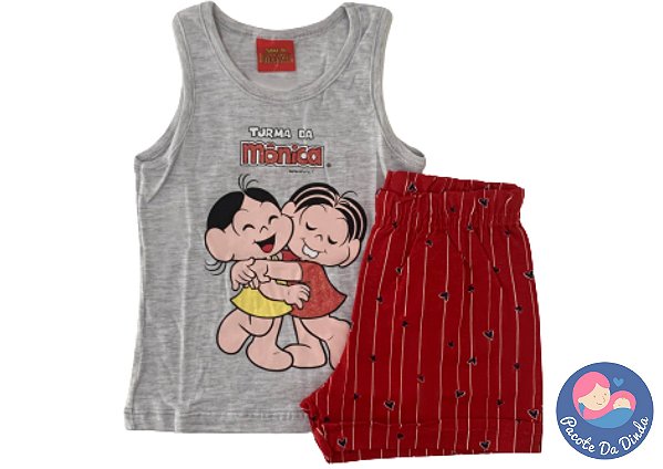 Conjunto Mônica&Magali: Blusa Regata Mescla e Short Vermelho - Produto Original Turma da Mônica