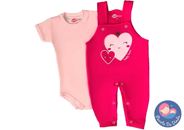 Conjunto Jardineira rosa: Coração + Body Manga Curta