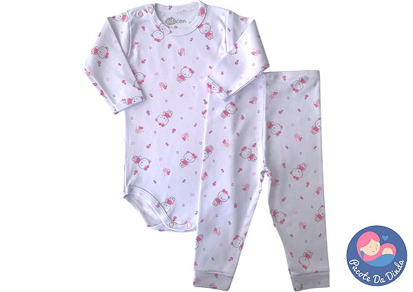 Conjunto Body Manga Longa + Calça: Estampa de Urso 100% Algodão