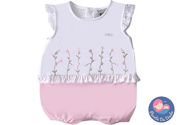 Macacão menina: Flores Bordadas, Manga Bufante e Babado