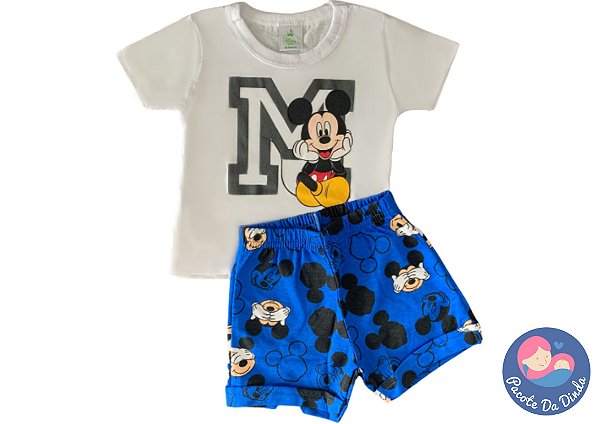 Conjunto Mickey: Blusa Branca e Short Azul - Produto Original Disney Baby