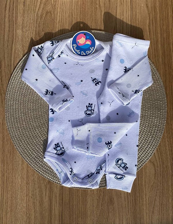 Conjunto Canelado Body e Calça Estampado Astronauta / 100% Algodão