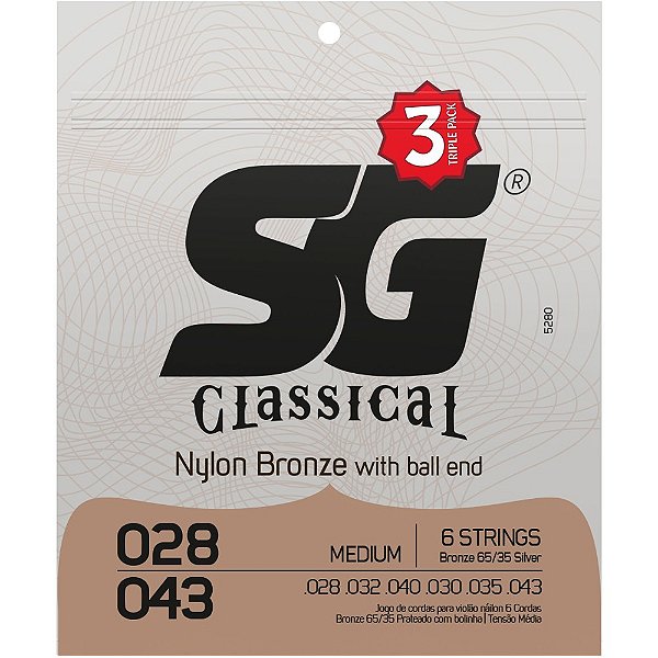 Encordoamento Violão Nylon SG Bronze Tensão Média com Bolinha - Pack com 3 unidades - 5280TP