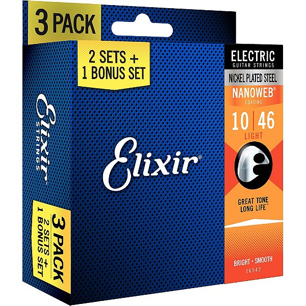 Encordoamento Guitarra Elixir 010-046 Nanoweb Light 16542 - Pack com 3 unidades
